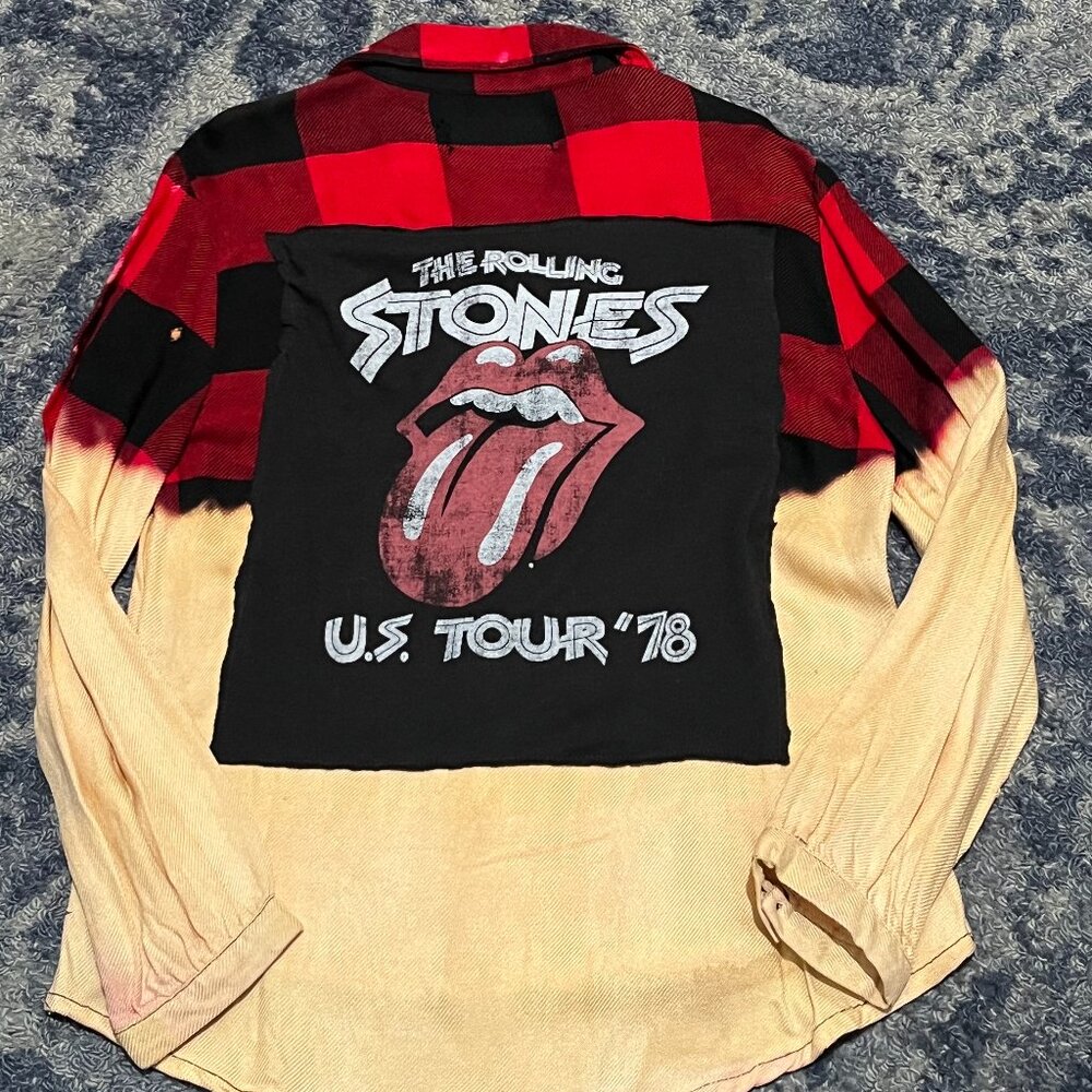 Child Medium 8 Rolling Stones Ombré Bleach Dye Band Flannel Shirt
